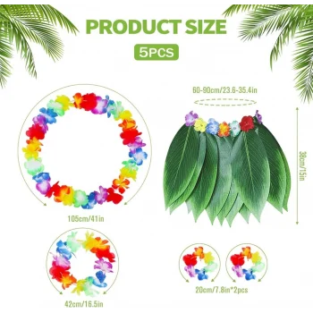 Çocuk Hawaii Kostüm Seti - Yaprak Etek & Hawaii Set - 5 Parça