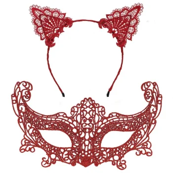 Romantik Kırmızı Dantel Maske Seti – Kedi Kulaklı Taç ve Maske 3 No