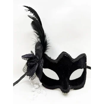 Siyah Renk Yandan Tüylü Beyaz İncili Süet Kaplama A Kalite LüNessiWorld Parti Maskesi 20x23 cm