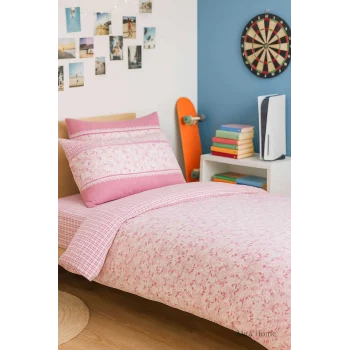 Pembe Çiçek Desenli Pamuklu Tek Kişilik Nevresim Takımı