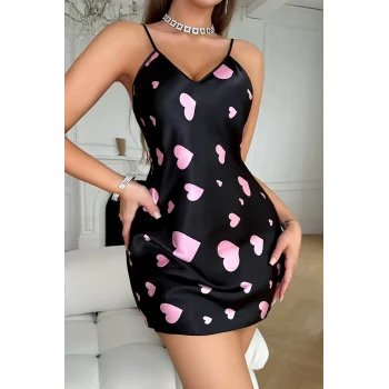 Pembe Kalp Desenli Siyah Saten Gecelik