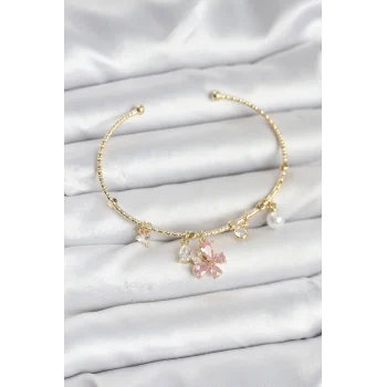 Pembe Kelebek Charmlı Gold Renk Kadın Bileklik