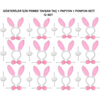 Pembe Tavşan Kostüm Seti – Taç, Papyon, Ponpon (12’li Paket)