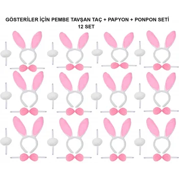 Pembe Tavşan Kostüm Seti – Taç, Papyon, Ponpon (12’li Paket)