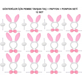 Pembe Tavşan Kostüm Seti – Taç, Papyon, Ponpon (12’li Paket)