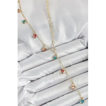Pirinç Asorti Kalp Model Gold Renk Zirkon Taşlı Y Kolye