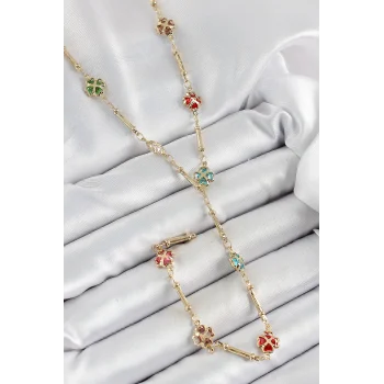 Pirinç Asorti Kalpli Yonca Model Gold Renk Zirkon Taşlı Y Kolye