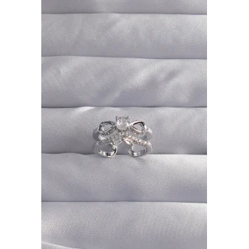 Pirinç Ayarlamalı Gümüş Renk Zirkon Taşlı 2li Görünüm Fiyonk Yüzük