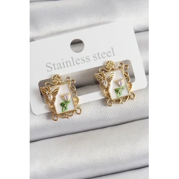 Pirinç Beyaz Mineli Sanatsal Portre Model Gold Renk Kadın Küpe