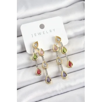 Pirinç Çoklu Damla Model Karşık Zirkon Taşlı Gold Ve Gümüş Renk Kadın Küpe