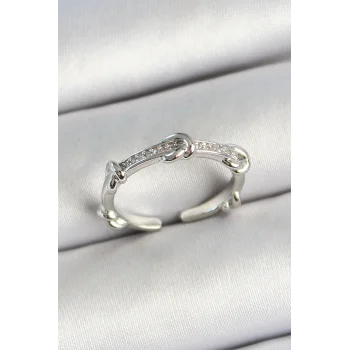 Pirinç Düğüm Figürlü Zirkon Taşlı Gümüş Renk Ayarlanabilir Kadın Yüzük