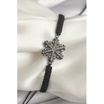 Pirinç Füme Renk Zirkon Taşlı Kar Tanesi Figür Makrome Asansörlü Model Kadın Bileklik