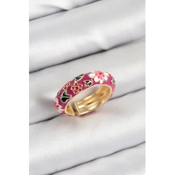 Pirinç Fuşya Mineli Çiçek Motifli Gold Renk Ayarlanabilir Kadın Yüzük