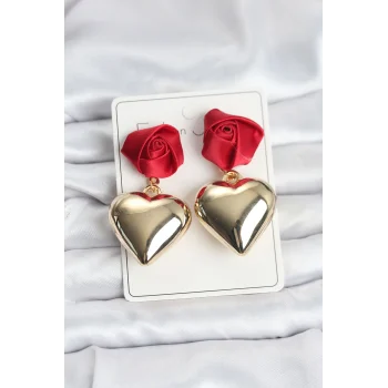 Pirinç Gold Kalpli Kırmızı Gül Model Kadın Küpe