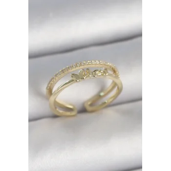 Pirinç Gold Renk 2Li Sıra Zirkon Taş Detaylı Kelebek Figürlü Ayarlanabilir Model Kadın Yüzük
