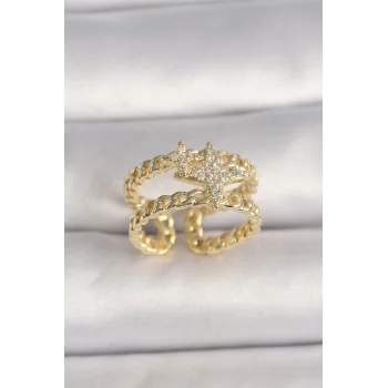 Pirinç Gold Renk 2Li Zincir Zirkon Taşlı Yıldız Figür Kadın Yüzük