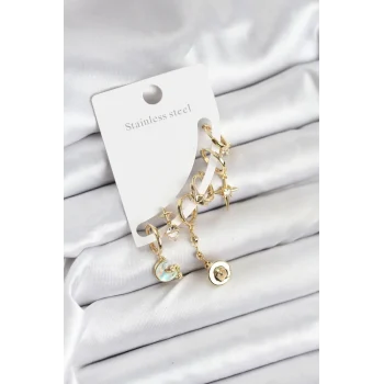 Pirinç Gold Renk Ay Model Kadın Set Küpe