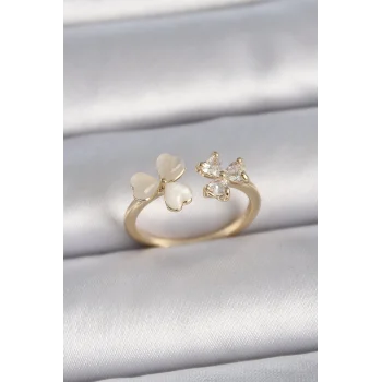 Pirinç Gold Renk Ayarlanabilir Zirkon Taşlı Kalp Beyaz Mineli Model Kadın Yüzük