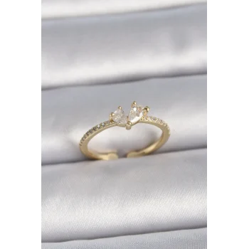 Pirinç Gold Renk Ayarlanabilir Zirkon Taşlı Kalp Model Kadın Yüzük
