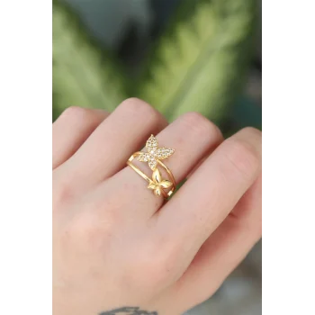 Pirinç Gold Renk Ayarlanabilir Zirkon Taşlı Kelebek Yüzük