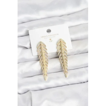 Pirinç Gold Renk Balık Sırtı Model Zirkon Taşlı Kadın Küpe