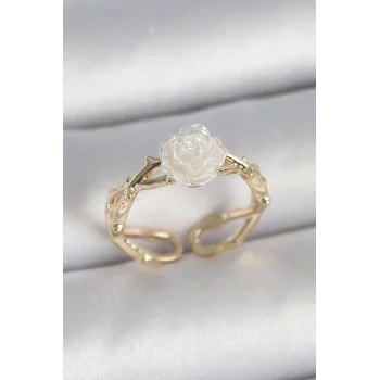 Pirinç Gold Renk Beyaz Gül Model Ayarlanabilir Kadın Yüzük