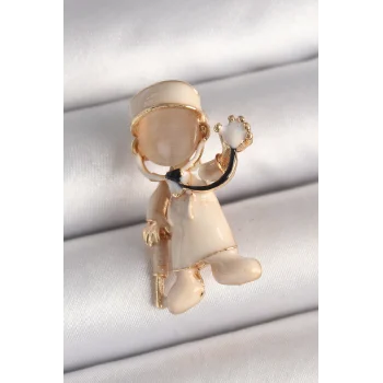 Pirinç Gold Renk Beyaz Mineli Doktor Model Kadın Broş