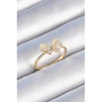 Pirinç Gold Renk Beyaz Mineli Zirkon Taşlı Kelebek Model Kadın Yüzük