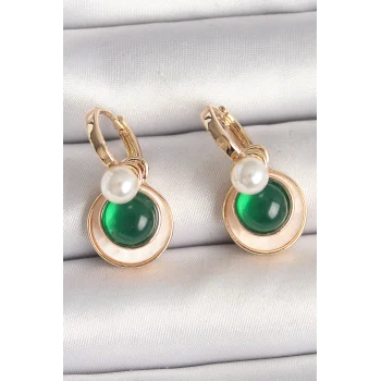 Pirinç Gold Renk Beyaz Yeşil Sallantı Mineli Kadın Küpe