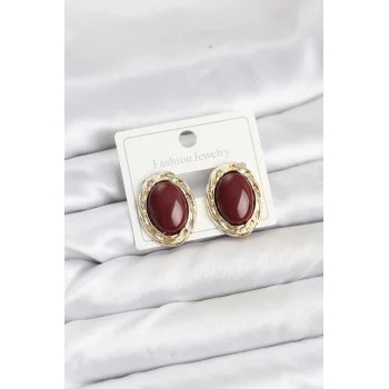 Pirinç Gold Renk Bordo Model Vintage Kadın Küpe