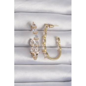 Pirinç Gold Renk Damla Zirkon Taş Tasarımlı Küpe