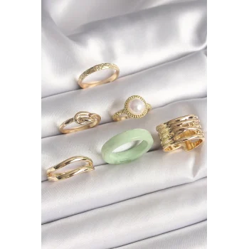 Pirinç Gold Renk Düğüm Model İncili İşlemeli Plaka Model 6Lı Kadın Yüzük Seti