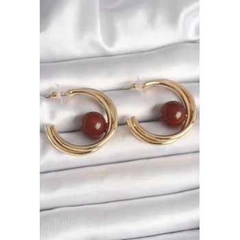Pirinç Gold Renk Halka Model Kahverengi Boncuk Detay Kadın Küpe