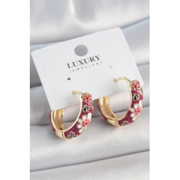 Pirinç Gold Renk Halka Mor Çiçek Mineli Kadın Küpe