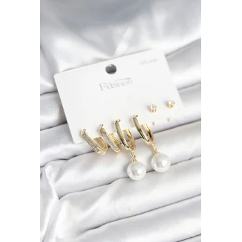 Pirinç Gold Renk İnci Detaylı 925 Ayar Gümüş Çivili Kadın Küpe Seti