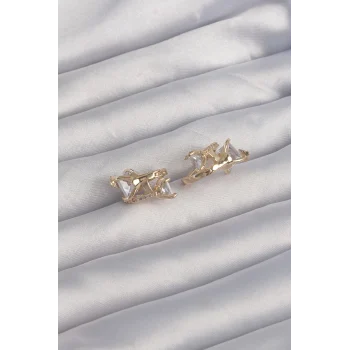 Pirinç Gold Renk İri Zirkon Taşlı Kıvrımlı Minimal Kelebekli Halka Küpe