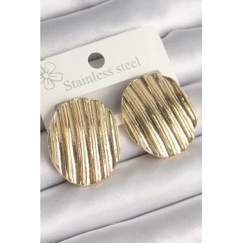 Pirinç Gold Renk İşlemeli Daire Plaka Model Kadın Küpe