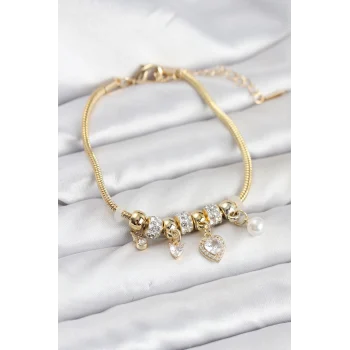 Pirinç Gold Renk Kalp Charmlı Kadın Bileklik