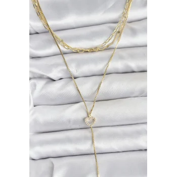 Pirinç Gold Renk Kalp Detaylı 3lü Kombin Y Kadın Kolye