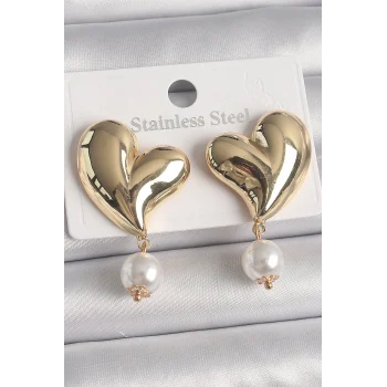 Pirinç Gold Renk Kalp Model Sallantı İnci Detay Kadın Küpe