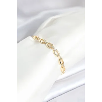 Pirinç Gold Renk Kare Zincir Model Zirkon Taşlı Kadın Bileklik