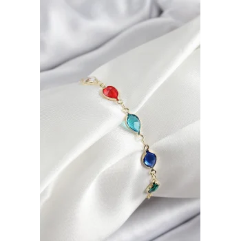 Pirinç Gold Renk Karışık Renk Damla Zirkon Taşlı Kadın Bileklik