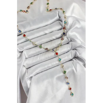 Pirinç Gold Renk Karışık Renk Zirkon Taşlı Kalpli Y Kadın Kolye