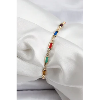 Pirinç Gold Renk Karışık Renkli Kare Zirkon Taşlı Kadın Bileklik