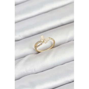Pirinç Gold Renk Kelebek Zirkon Taşlı Kadın Yüzük