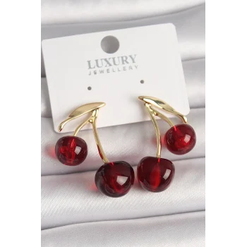 Pirinç Gold Renk Kırmızı Kiraz Model Kadın Küpe