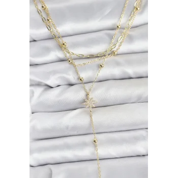 Pirinç Gold Renk Kutup Yıldızı Detaylı 3lü Kombin Kadın Kolye