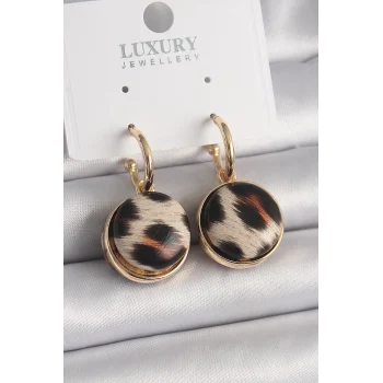 Pirinç Gold Renk Leopar Desenli Daire Model Kadın Küpe