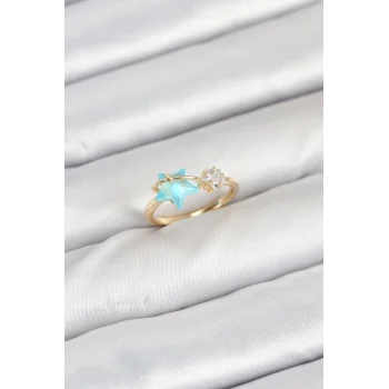 Pirinç Gold Renk Mavi Yıldızlı Model Kadın Yüzük