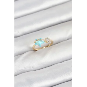 Pirinç Gold Renk Mavi Yıldızlı Model Kadın Yüzük